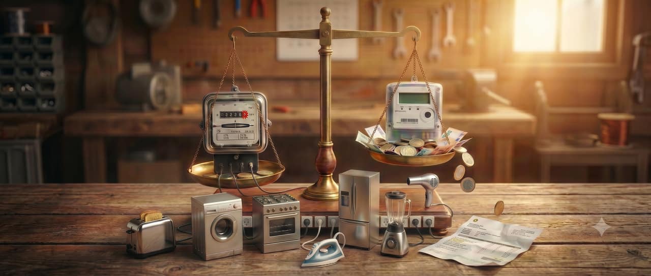 Balanza que compara un contador de luz antiguo con un contador digital, rodeada de electrodomésticos y una factura eléctrica